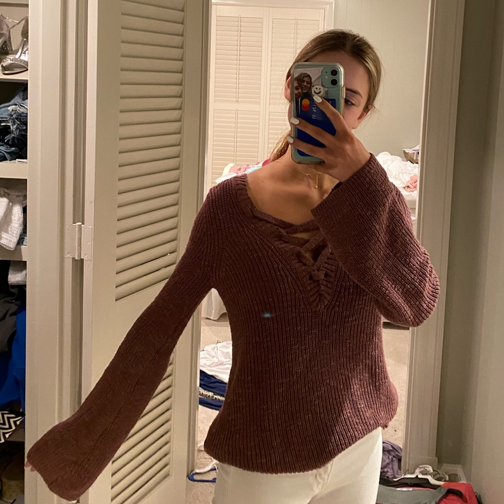 maroon tie up sweater